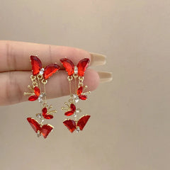 Elegant Red Zircon Butterfly Drop Earrings for Women Temperament Sweet Metal Bow Earrings Fashion Girl Jewelry Accessories