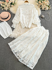 Fashion Autumn Lace Two Piece Dress Sets Women Flower Embroidery Shirts White Tops Midi Long Skirts Suits 2pcs Outerwear