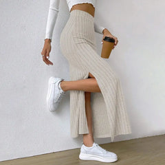 Women Fall Winter Skirt High Waist Knitted Elastic Thick Warm Ankle Length Striped Slim Fit Split Hem Soft Sheath Maxi Skirt