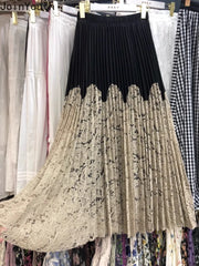 Contrast Color Lace Skirt Women's High Waist Korean Jupe 2024 Faldas Mujer De Moda Chic Summer Saia Hollow Out Pleated Skirts