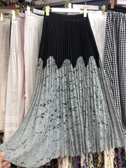Contrast Color Lace Skirt Women's High Waist Korean Jupe 2024 Faldas Mujer De Moda Chic Summer Saia Hollow Out Pleated Skirts