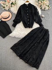 Fashion Autumn Lace Two Piece Dress Sets Women Flower Embroidery Shirts White Tops Midi Long Skirts Suits 2pcs Outerwear