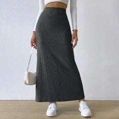 Women Fall Winter Skirt High Waist Knitted Elastic Thick Warm Ankle Length Striped Slim Fit Split Hem Soft Sheath Maxi Skirt