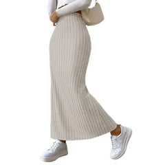 Women Fall Winter Skirt High Waist Knitted Elastic Thick Warm Ankle Length Striped Slim Fit Split Hem Soft Sheath Maxi Skirt
