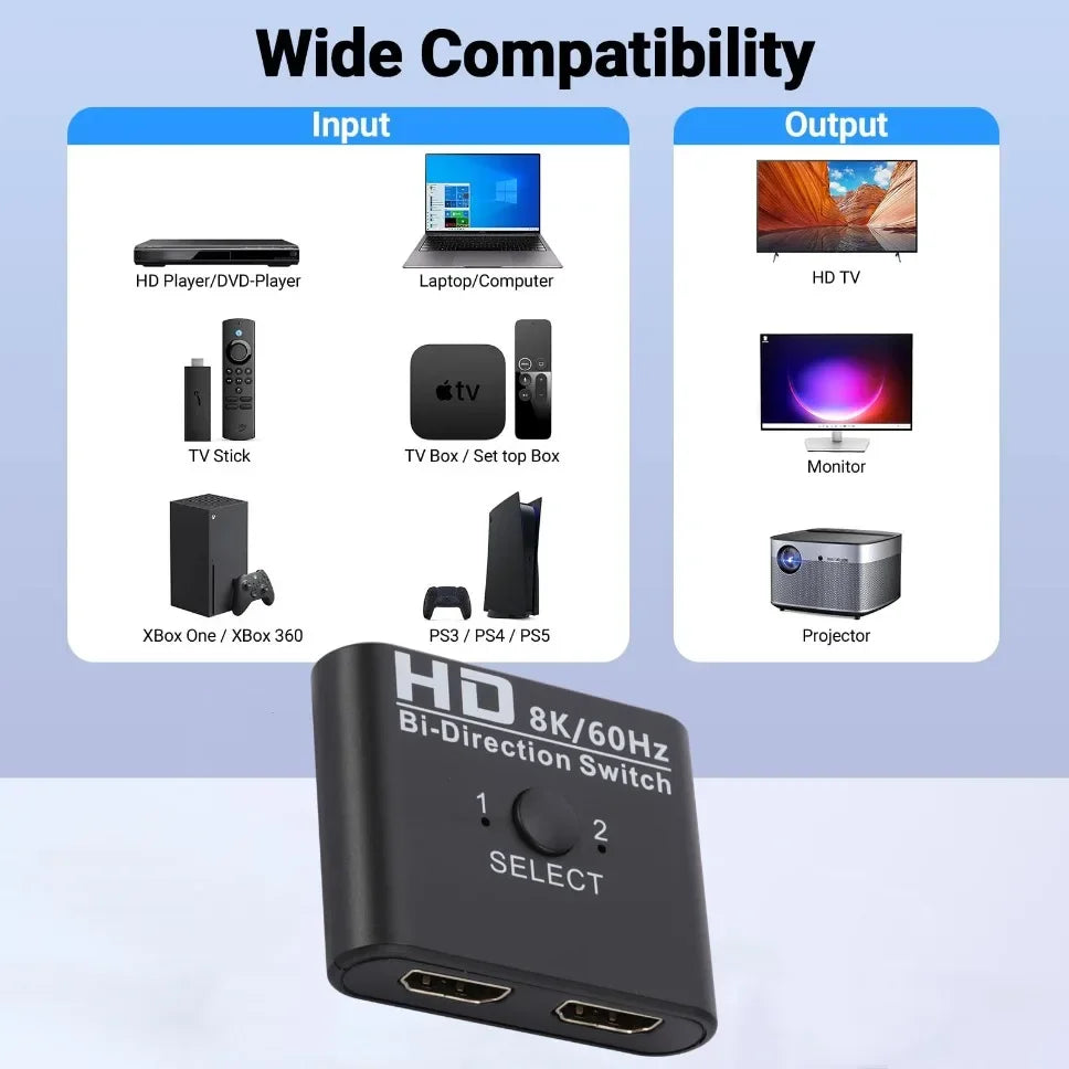 8K 60Hz HDMI-Compatible Switch Splitter Bi-Direction 1x2/2x1 HDMI-compatible Switcher 2 in1 Out for PS4 TV Box Switcher Adapter