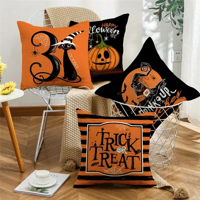 40/45/50cm Halloween Party Decorations Linen Pillowcase for Sofa Black Witch Ghost Print Throw Pillow Cover Home Decor