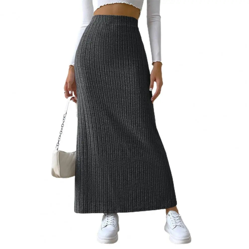 Women Fall Winter Skirt High Waist Knitted Elastic Thick Warm Ankle Length Striped Slim Fit Split Hem Soft Sheath Maxi Skirt
