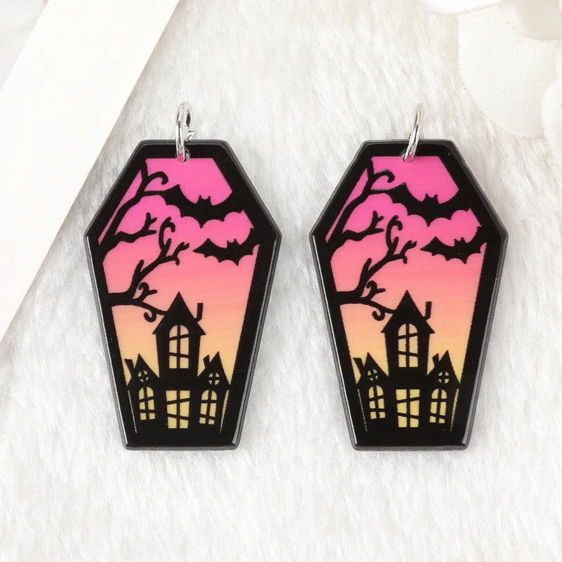 10 Pcs Halloween Charms Creative Acrylic Coffin Ghost Bat Pendant For Keychain Necklace Jewelry Diy Making