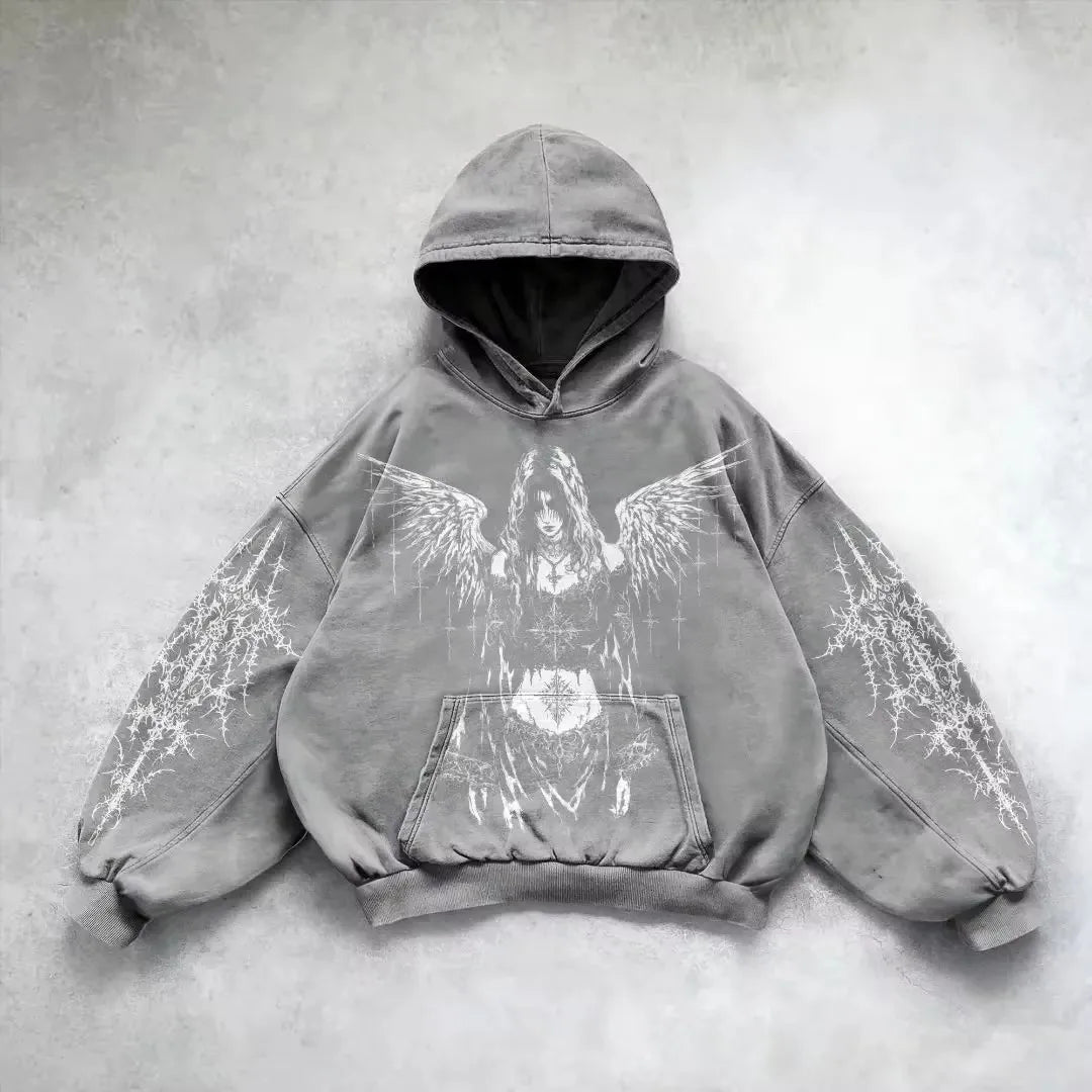American Y2K vintage hoodies gothic pattern zip up hoodie winter womens mens hip hop long sleeve coats loose hooded sweatshirt
