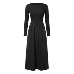 Solid Patchwork Folds Slimming Dresses For Women Round Neck Long Sleeve High Waist Minimalist Temperament Dress Female
