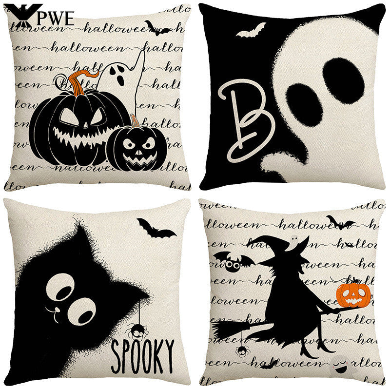 40/45/50cm Halloween Party Decorations Linen Pillowcase for Sofa Black Witch Ghost Print Throw Pillow Cover Home Decor