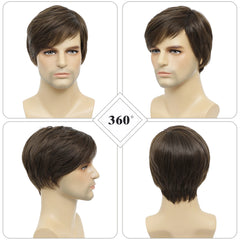 Mens Brown Wig Straight Short Mens Wig Realistic Natural Male Side Part Wigs for Halloween Men Man