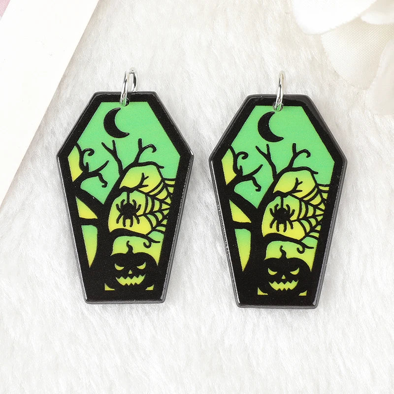 10 Pcs Halloween Charms Creative Acrylic Coffin Ghost Bat Pendant For Keychain Necklace Jewelry Diy Making