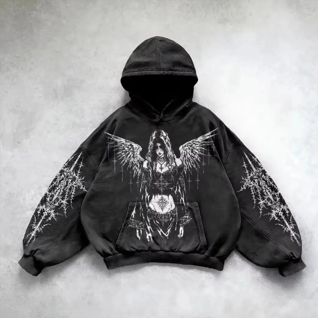 American Y2K vintage hoodies gothic pattern zip up hoodie winter womens mens hip hop long sleeve coats loose hooded sweatshirt