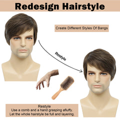 Mens Brown Wig Straight Short Mens Wig Realistic Natural Male Side Part Wigs for Halloween Men Man