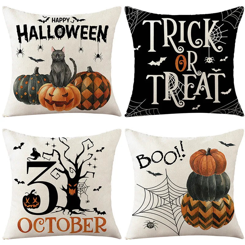 40/45/50cm Halloween Party Decorations Linen Pillowcase for Sofa Black Witch Ghost Print Throw Pillow Cover Home Decor