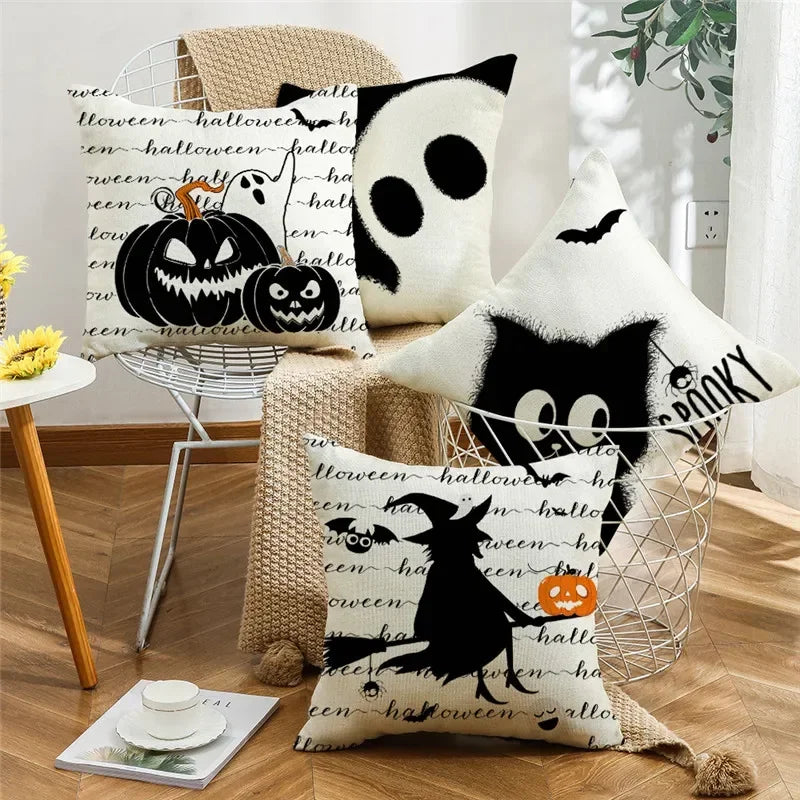 40/45/50cm Halloween Party Decorations Linen Pillowcase for Sofa Black Witch Ghost Print Throw Pillow Cover Home Decor