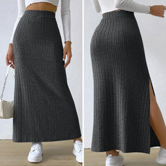 Women Fall Winter Skirt High Waist Knitted Elastic Thick Warm Ankle Length Striped Slim Fit Split Hem Soft Sheath Maxi Skirt
