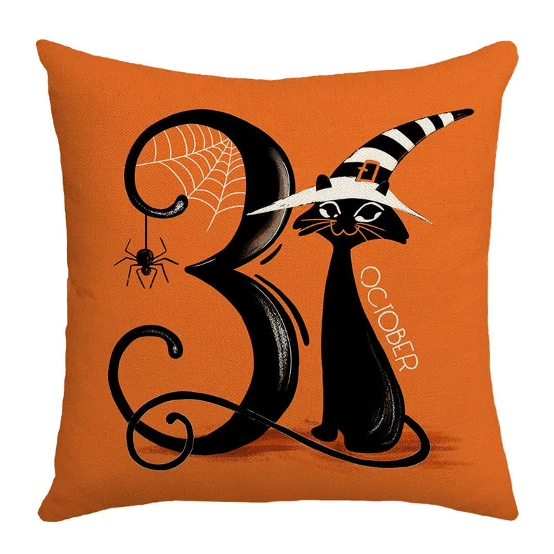 40/45/50cm Halloween Party Decorations Linen Pillowcase for Sofa Black Witch Ghost Print Throw Pillow Cover Home Decor