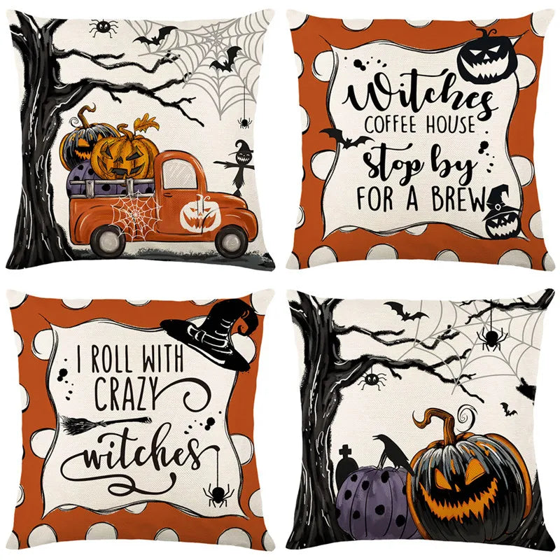 40/45/50cm Halloween Party Decorations Linen Pillowcase for Sofa Black Witch Ghost Print Throw Pillow Cover Home Decor