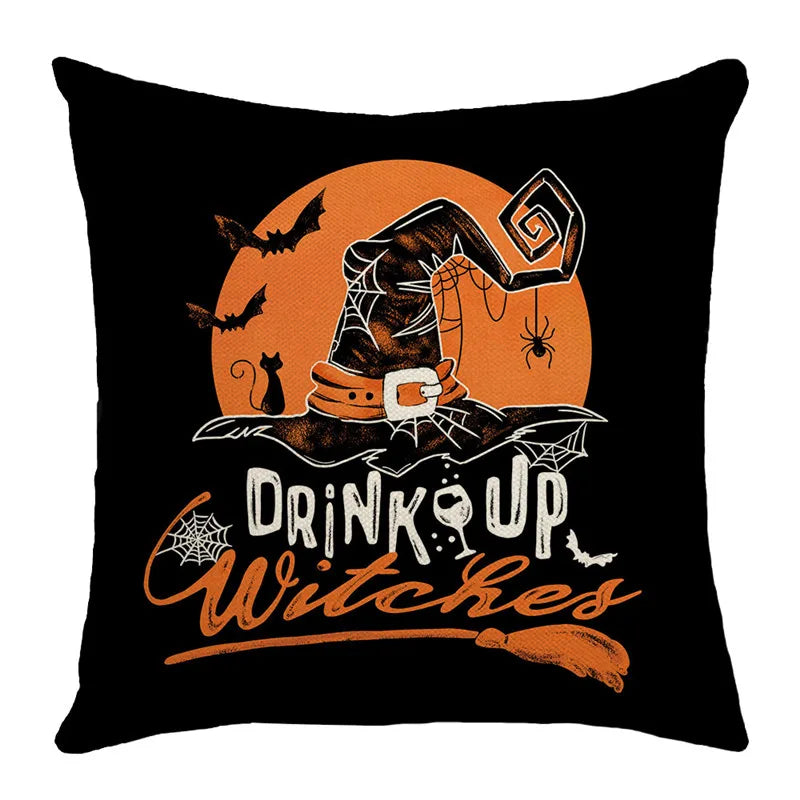 40/45/50cm Halloween Party Decorations Linen Pillowcase for Sofa Black Witch Ghost Print Throw Pillow Cover Home Decor