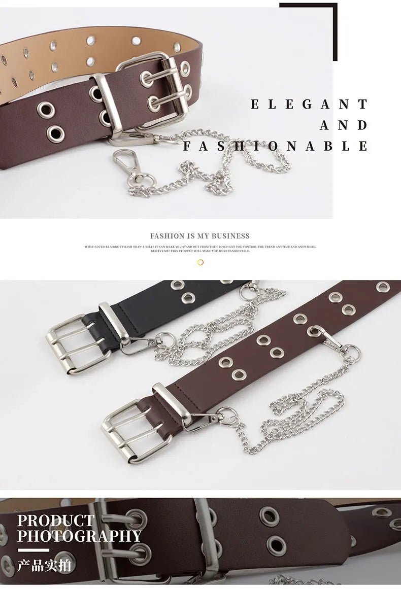 Women Punk Goth Belts Brand Leather Women Grunge Belt Halloween Double Pin Buckle Female Belt for Jeans Streetwear